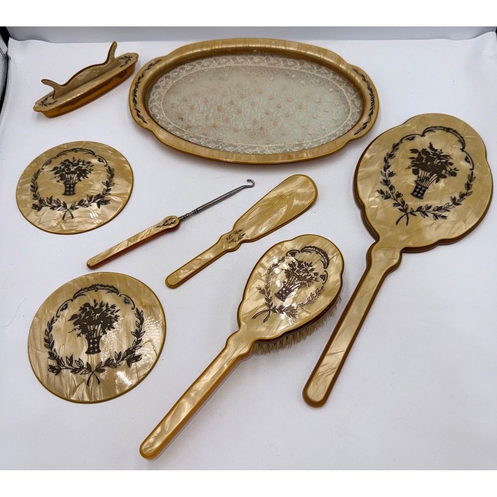 Celluloid Vanity Set Women Yellow Good Floral 8pc Mirror Tray Brush vintage